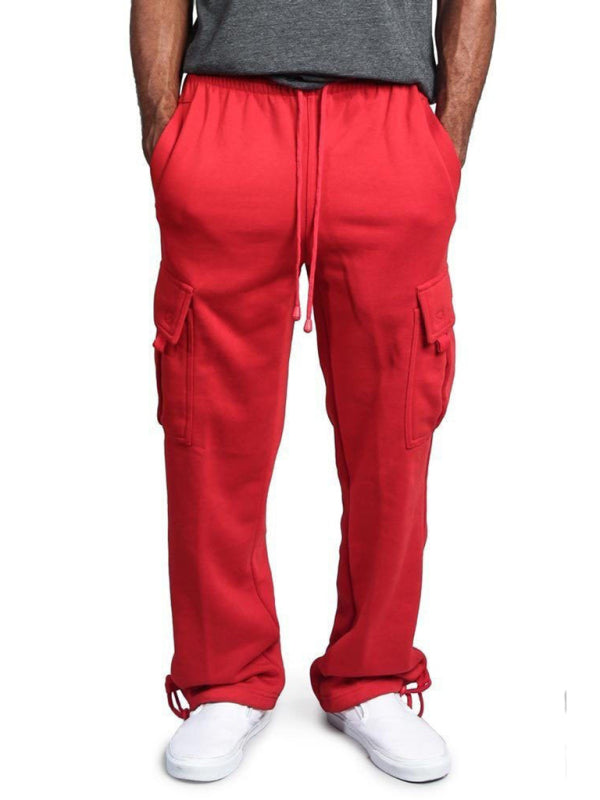 Solid color elastic waist multi-pocket loose fit cargo pants