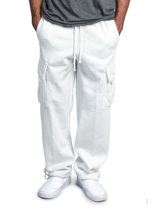 Solid color elastic waist multi-pocket loose fit cargo pants