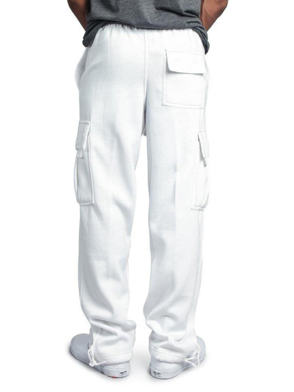 Solid color elastic waist multi-pocket loose fit cargo pants