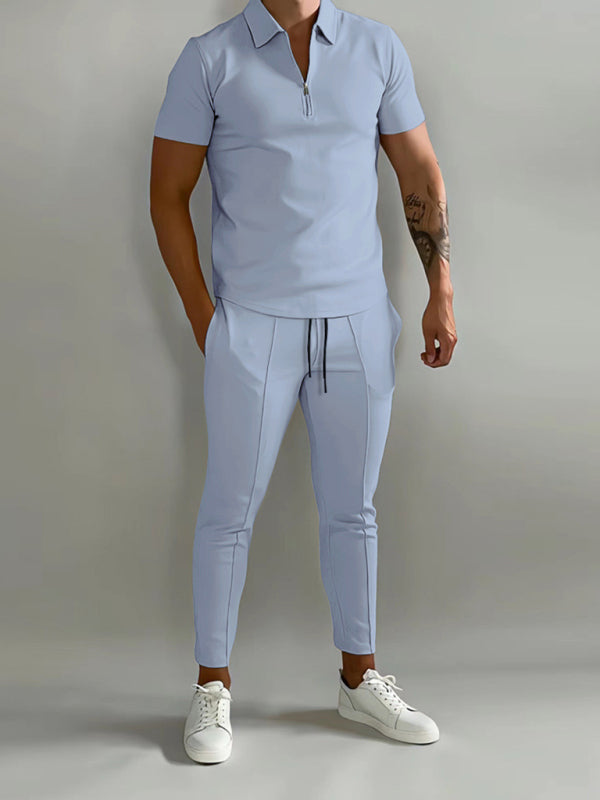 Solid color lapel short-sleeved shirt + trousers two-piece suit