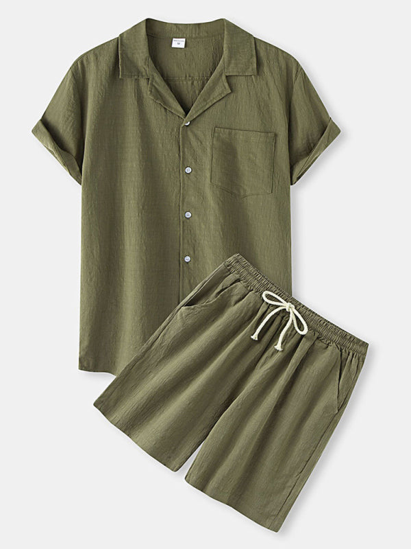 Solid Color Linen Short Sleeve Shirt with Pants