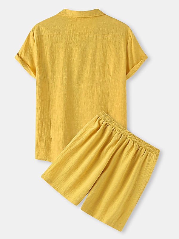 Solid Color Linen Short Sleeve Shirt with Pants