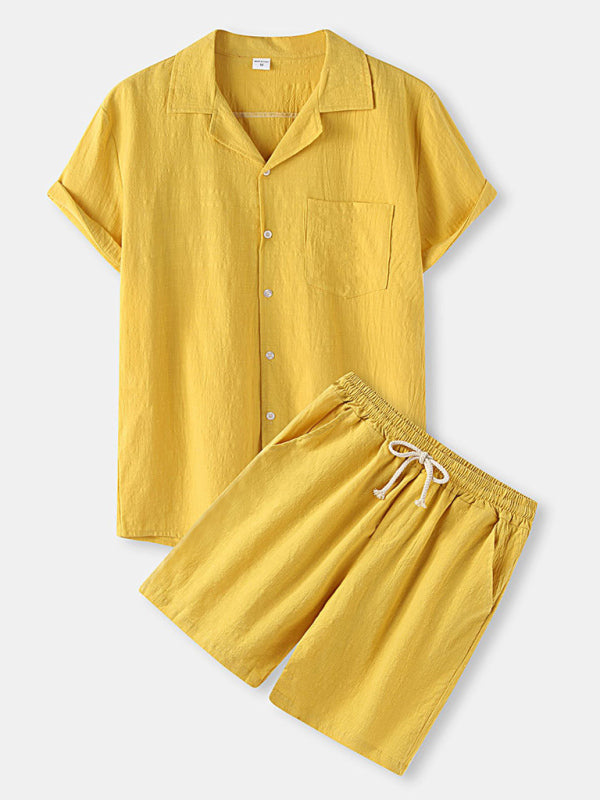 Solid Color Linen Short Sleeve Shirt with Pants