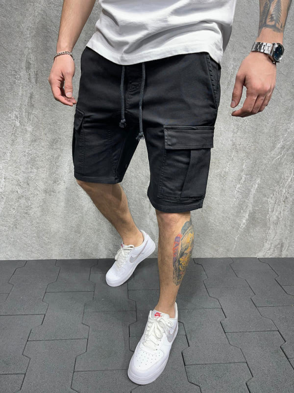 Street solid color casual five-point pants woven casual multi-pocket tether cargo shorts