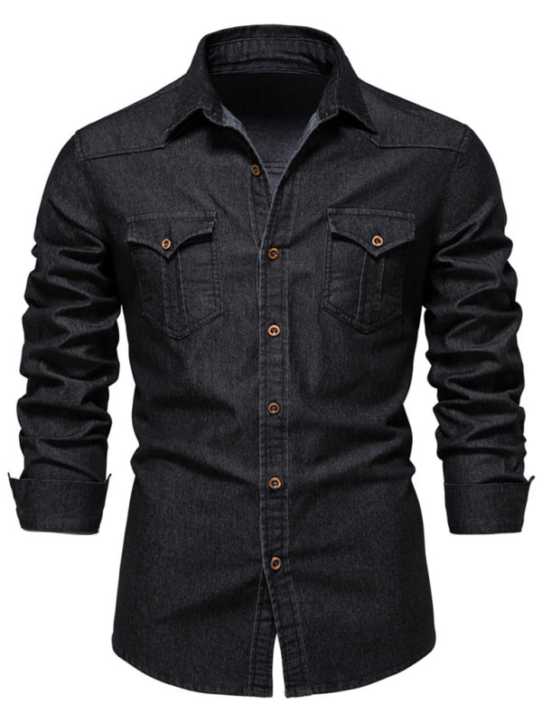 Men's casual solid color non-iron denim long-sleeved shirt