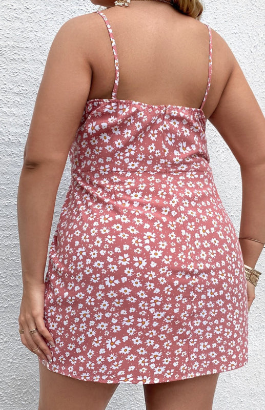 Plus Size Floral Slit Sling Short Dress