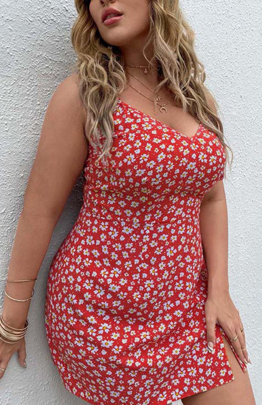 Plus Size Floral Slit Sling Short Dress