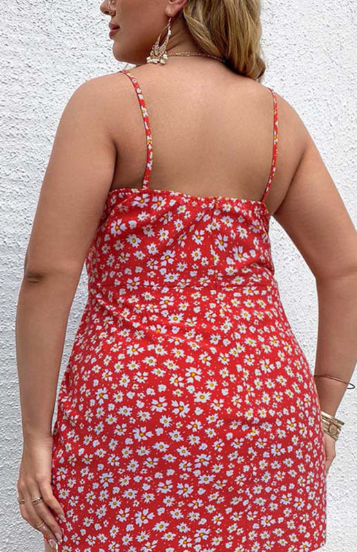 Plus Size Floral Slit Sling Short Dress