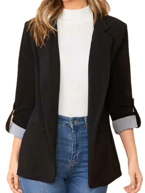 Solid Color With Roll Up Sleeve Open Front Blazer