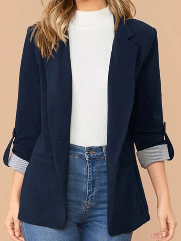 Solid Color With Roll Up Sleeve Open Front Blazer