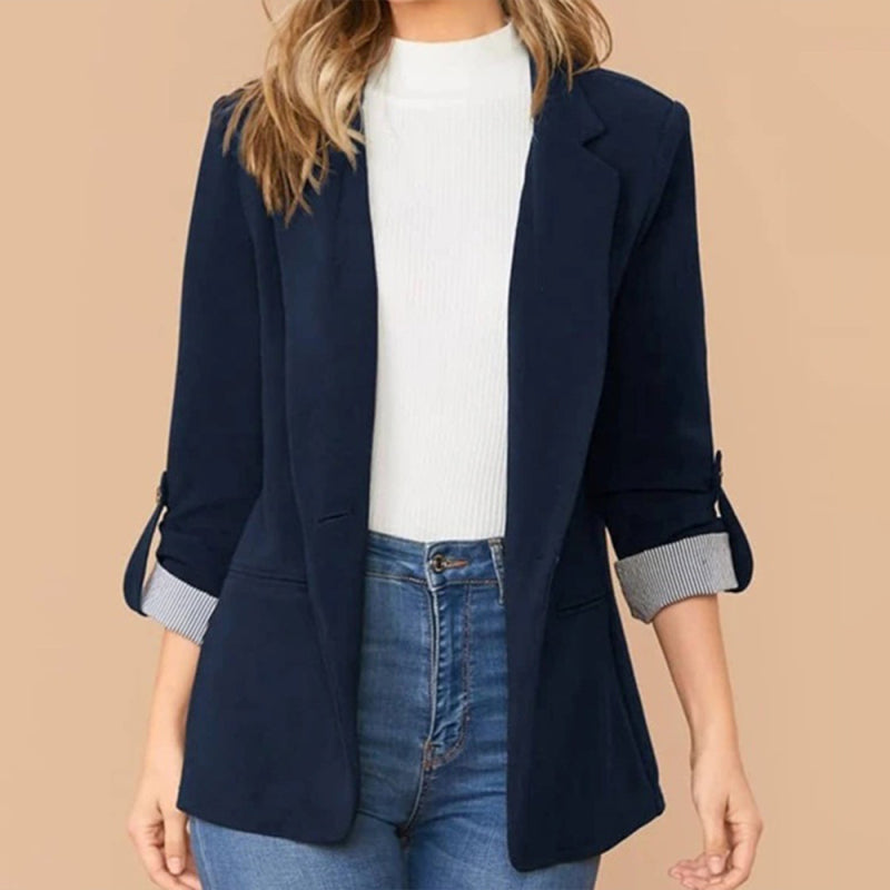 Solid Color With Roll Up Sleeve Open Front Blazer