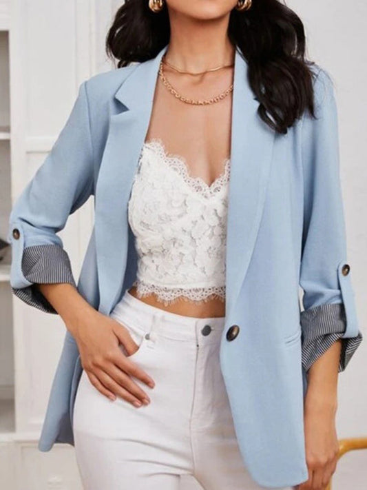 Solid Color With Roll Up Sleeve Open Front Blazer