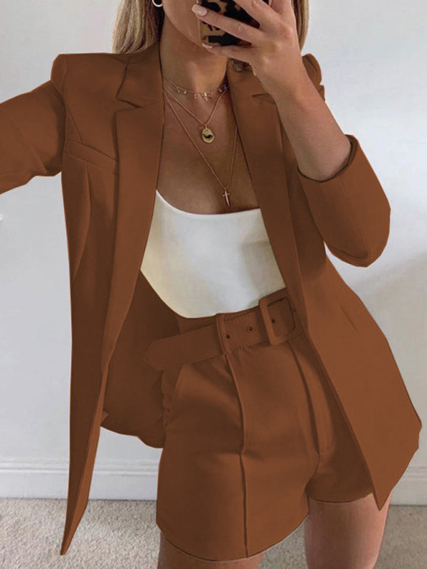 Solid Color Blazer Top And Short Set