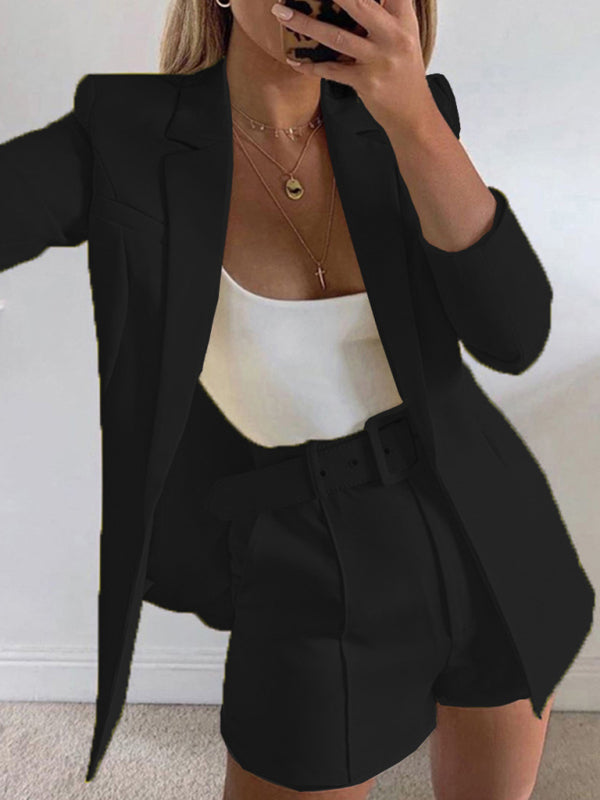 Solid Color Blazer Top And Short Set