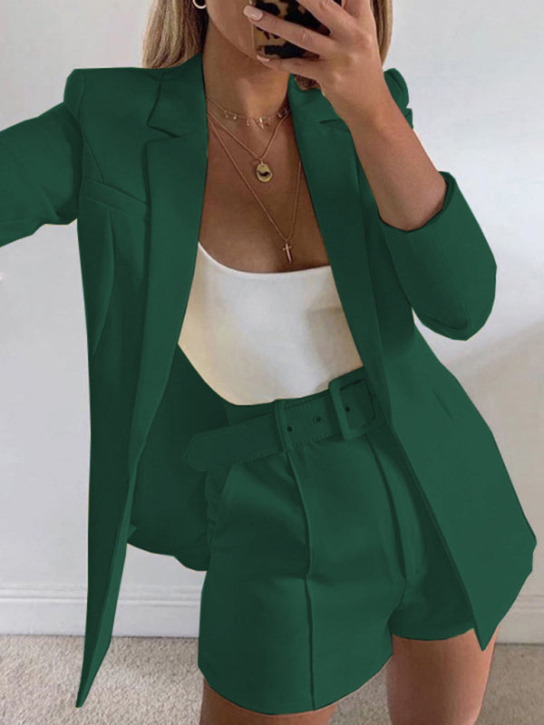 Solid Color Blazer Top And Short Set