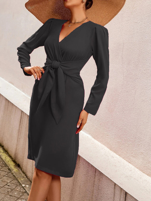 Long-Sleeved V-neck Belt Mid-length Dress