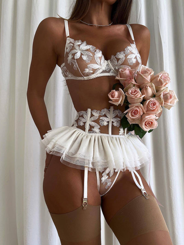 Embroidered bra garter belt three-piece underwear