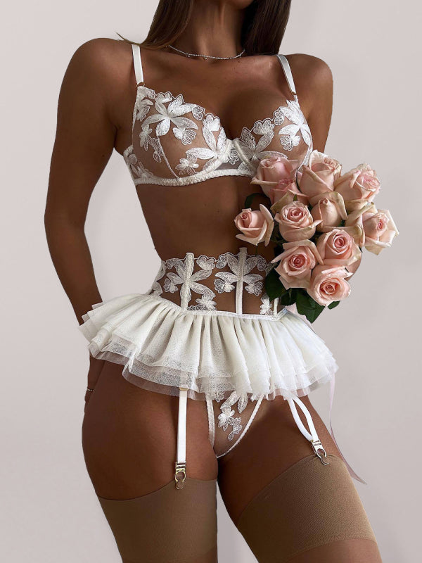 Embroidered bra garter belt three-piece underwear