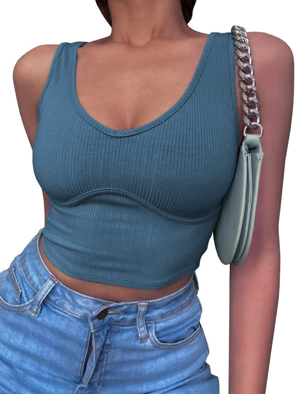 Women's V-Neck Stretch Solid Color Knit Tank Top