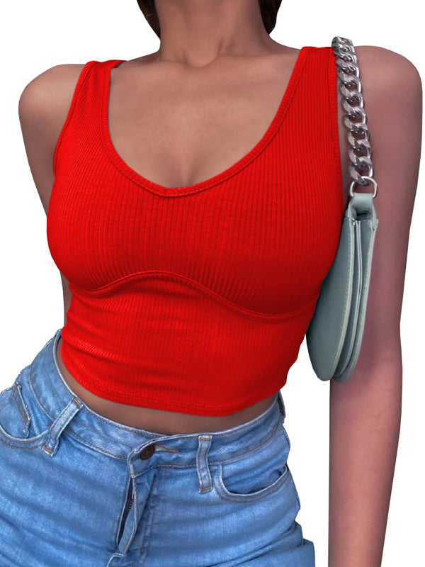 Women's V-Neck Stretch Solid Color Knit Tank Top