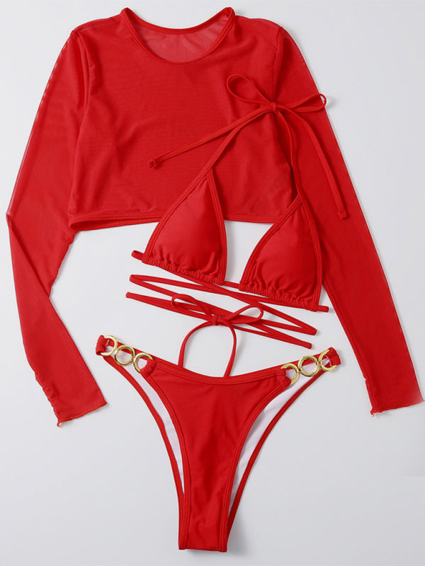 Women's Solid Color High Cut Long Sleeve Three-Piece Swimsuit