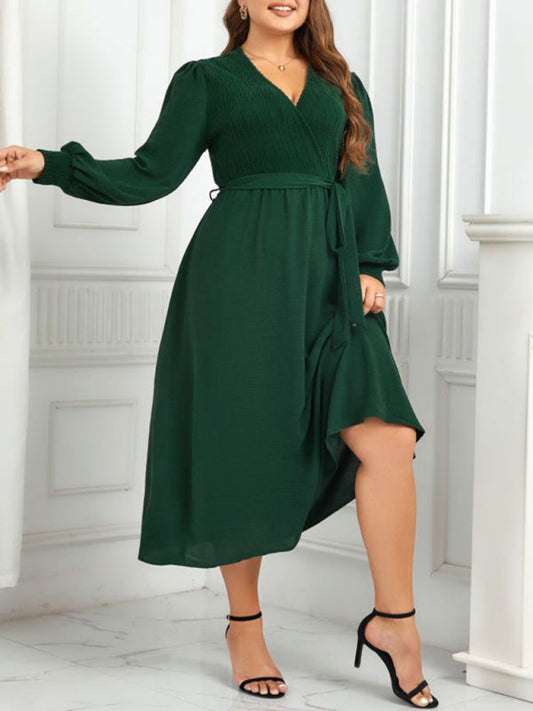 New Plus Size Women's V-neck Green Dress