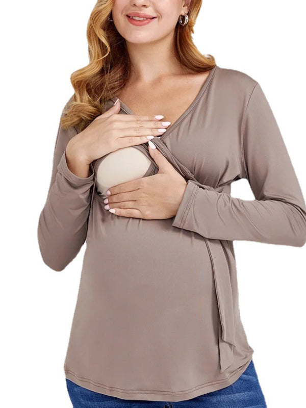 Solid Color Nursing V-neck Long-sleeved Maternity Top