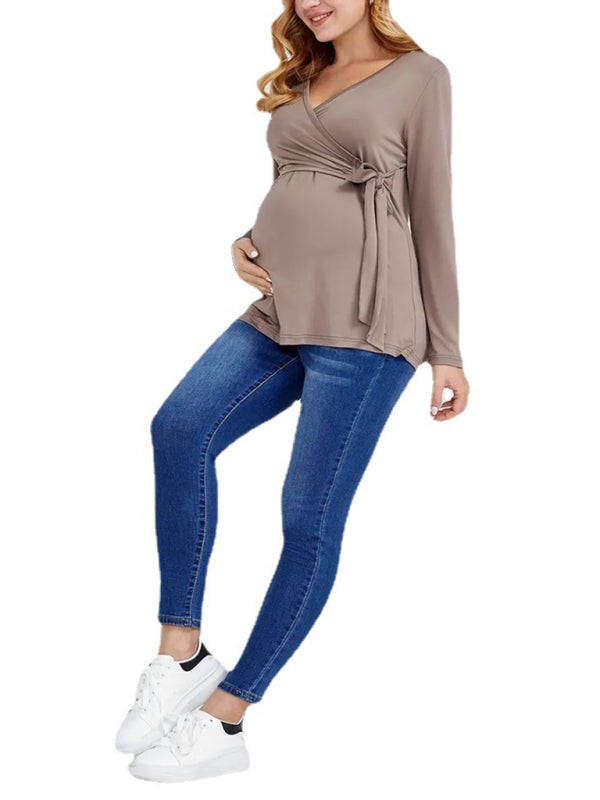 Solid Color Nursing V-neck Long-sleeved Maternity Top