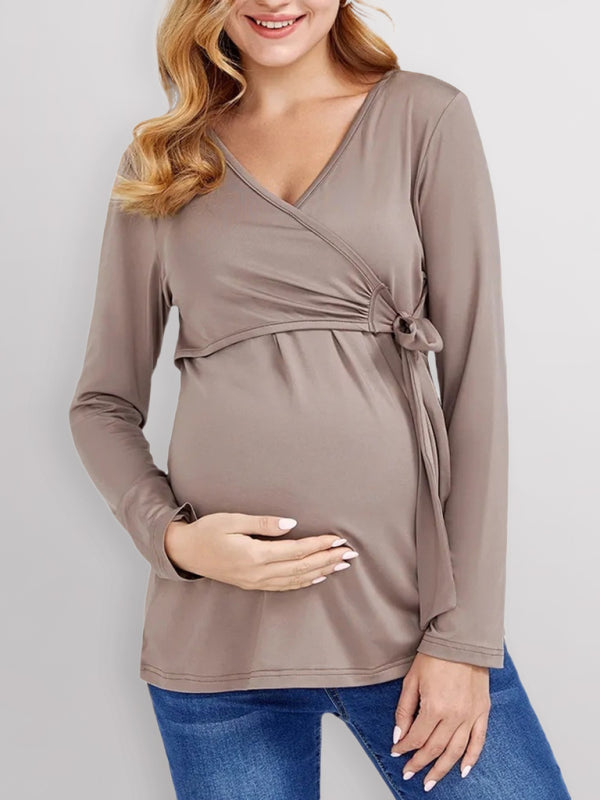 Solid Color Nursing V-neck Long-sleeved Maternity Top