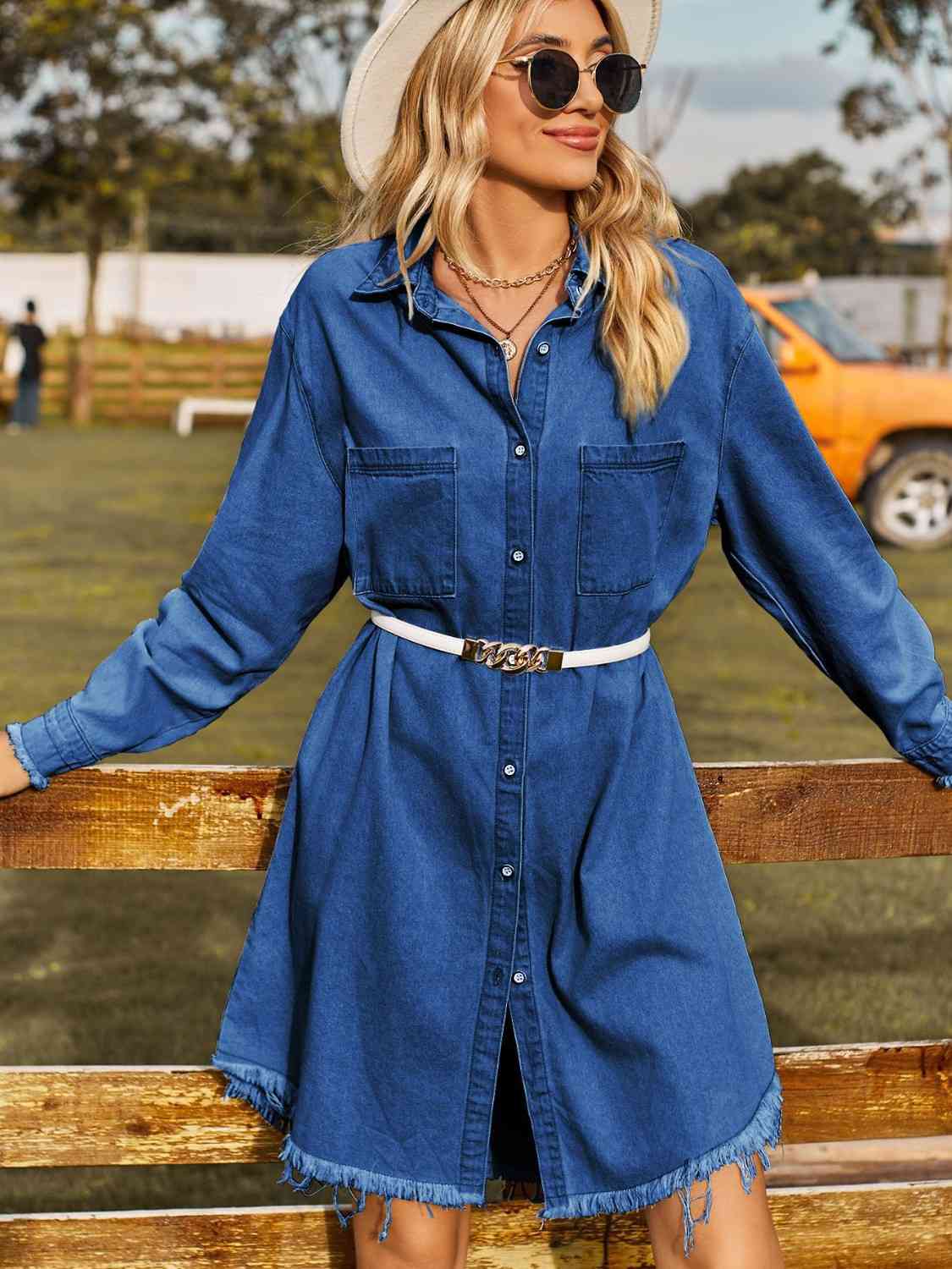 Collared Neck Raw Hem Denim Dress