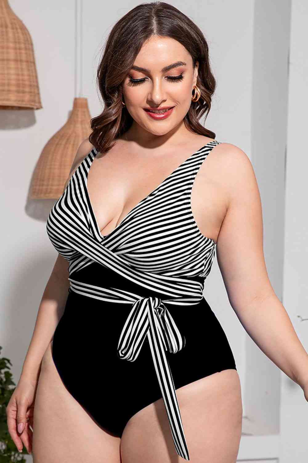 Plus Size Striped Tie-Waist One-Piece Swimsuit