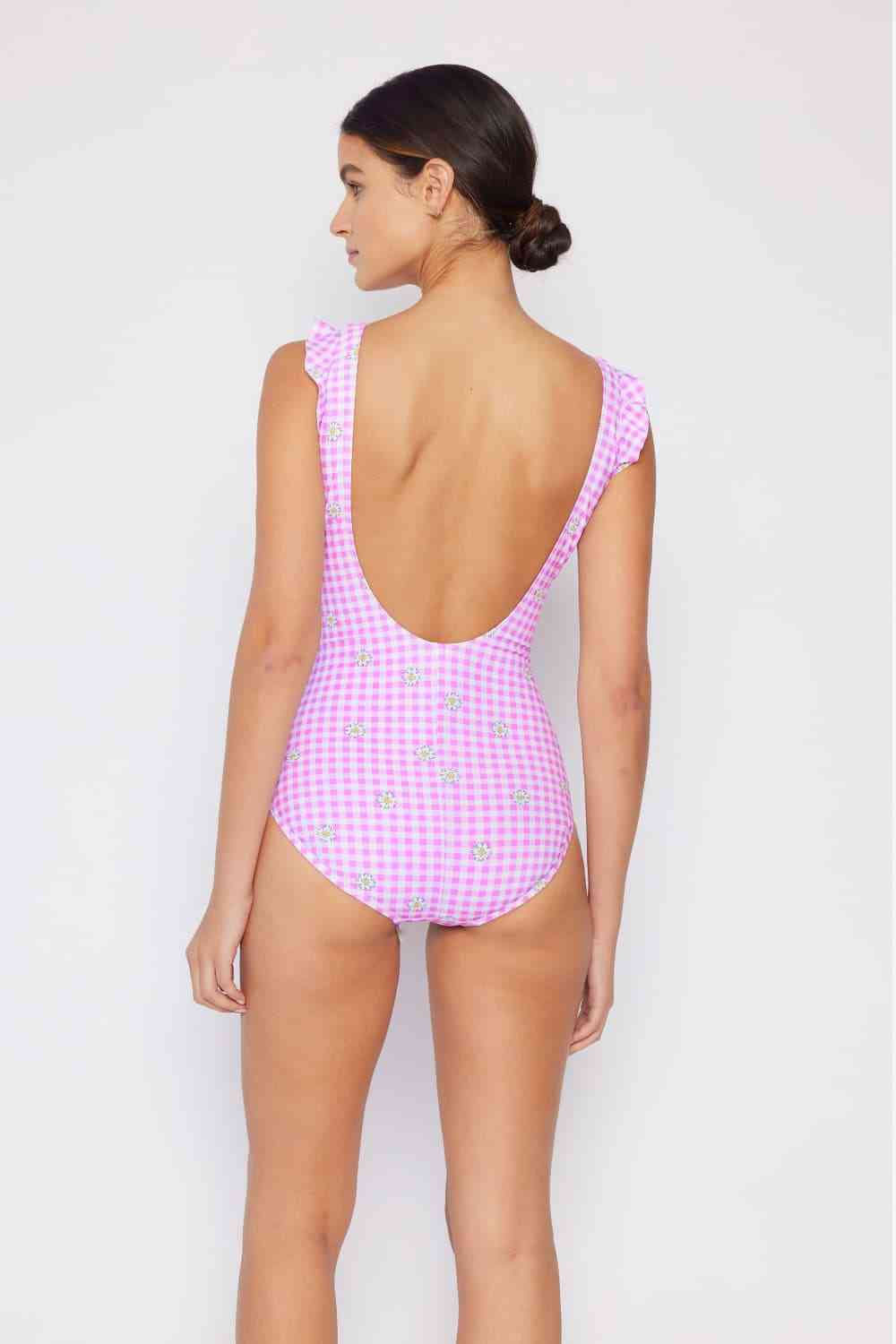 Ruffle Faux Wrap One-Piece in Carnation Pink