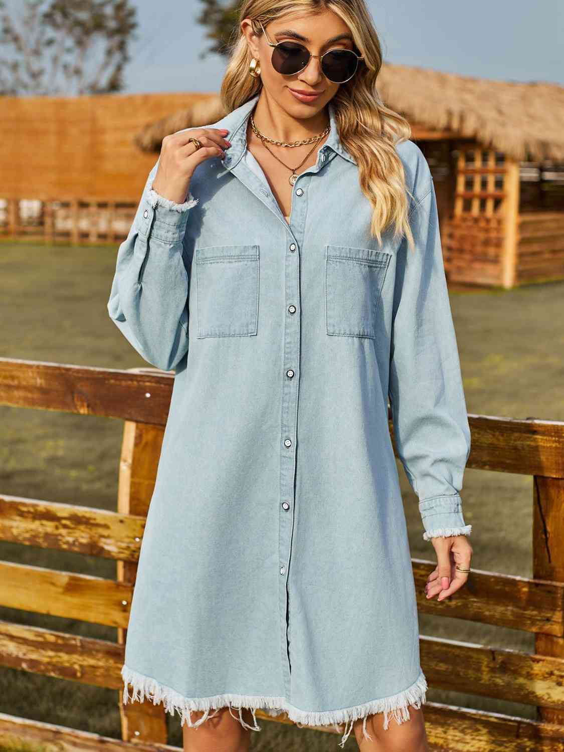 Collared Neck Raw Hem Denim Dress