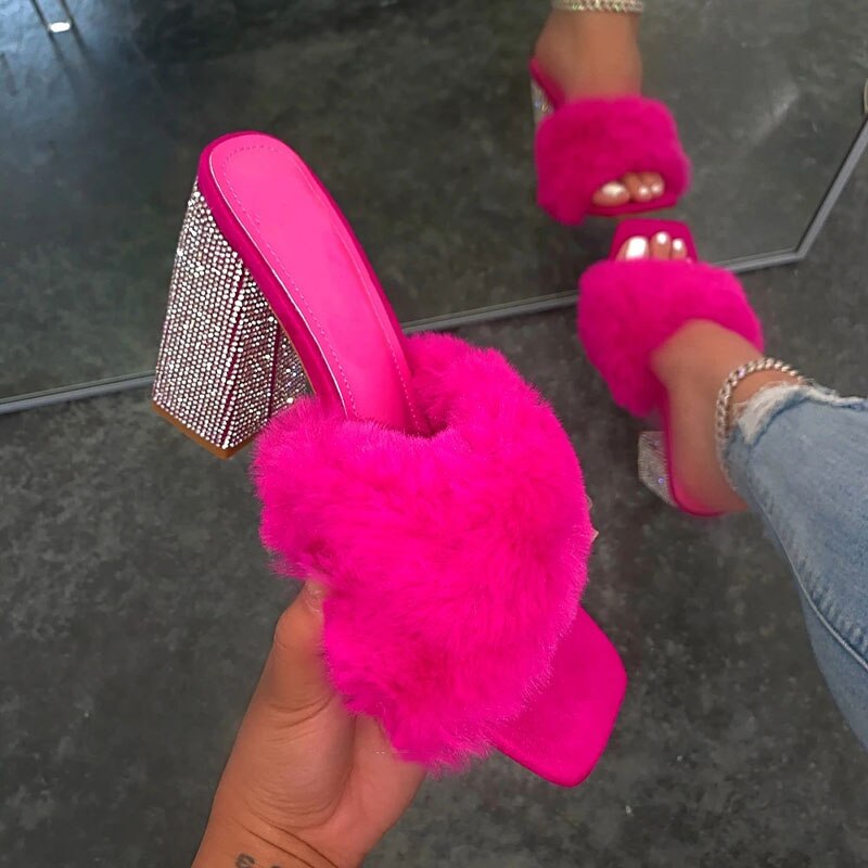 Open Toe Fluffy Fur Chunky Rhinestone High Heel Slippers