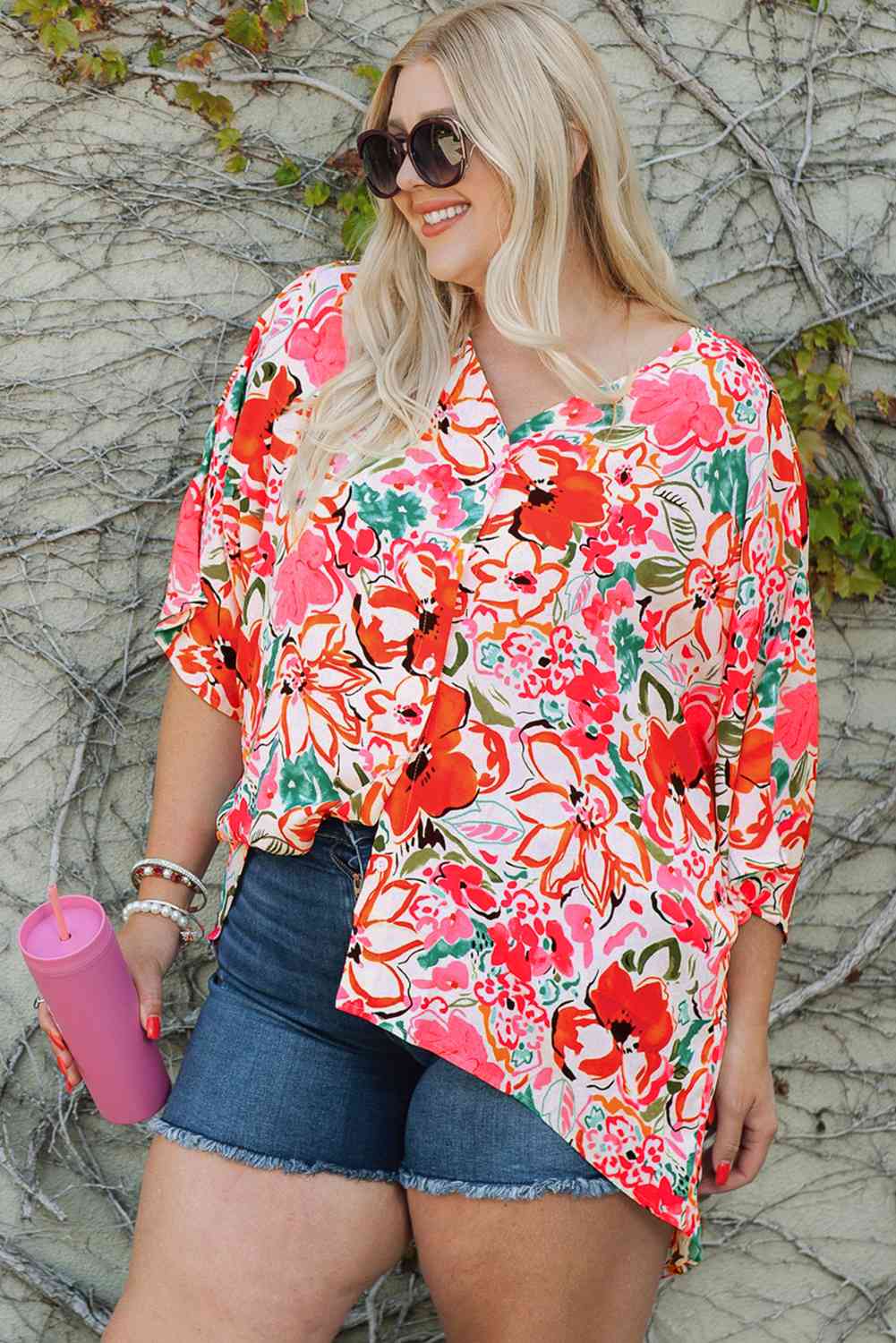 Plus Size Floral V-Neck Half Sleeve Shirt