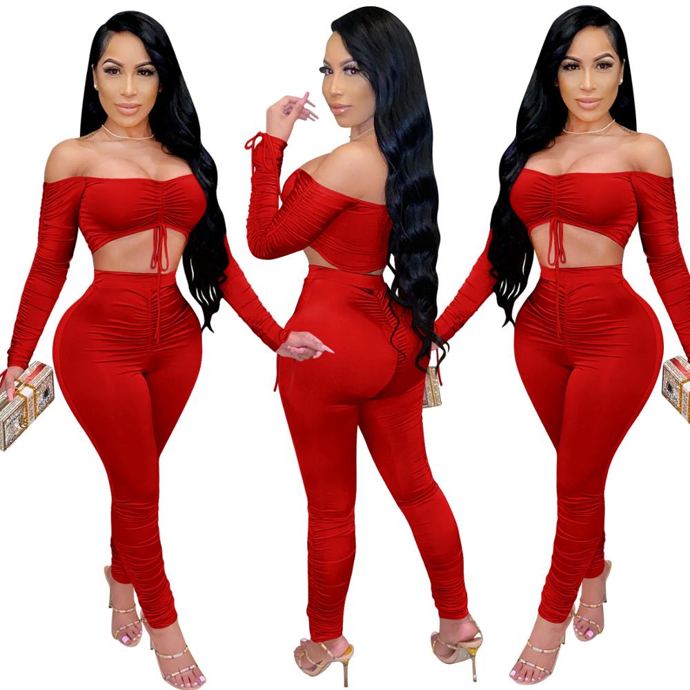 Boat Neck Long Sleeves Bodycon Two piece Outfit