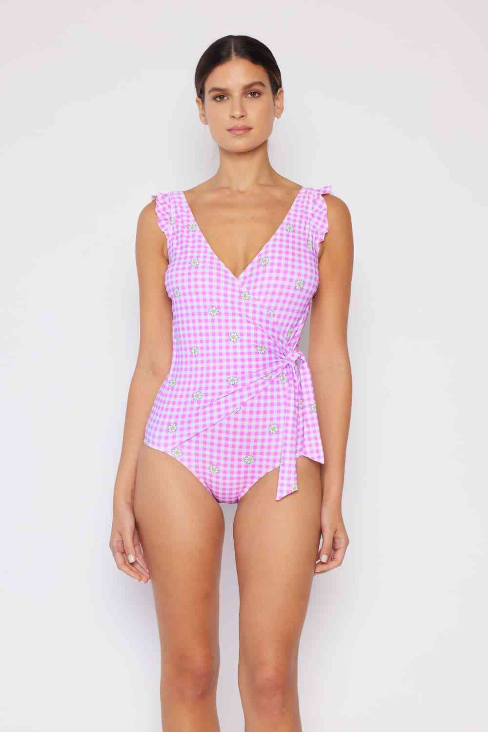 Ruffle Faux Wrap One-Piece in Carnation Pink