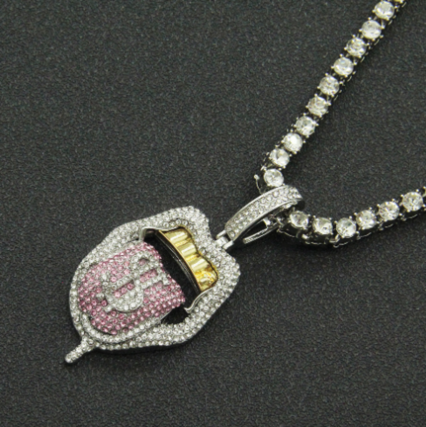 Dollar Tongue Shape Pendant with Pink Crystal Cuban Chain