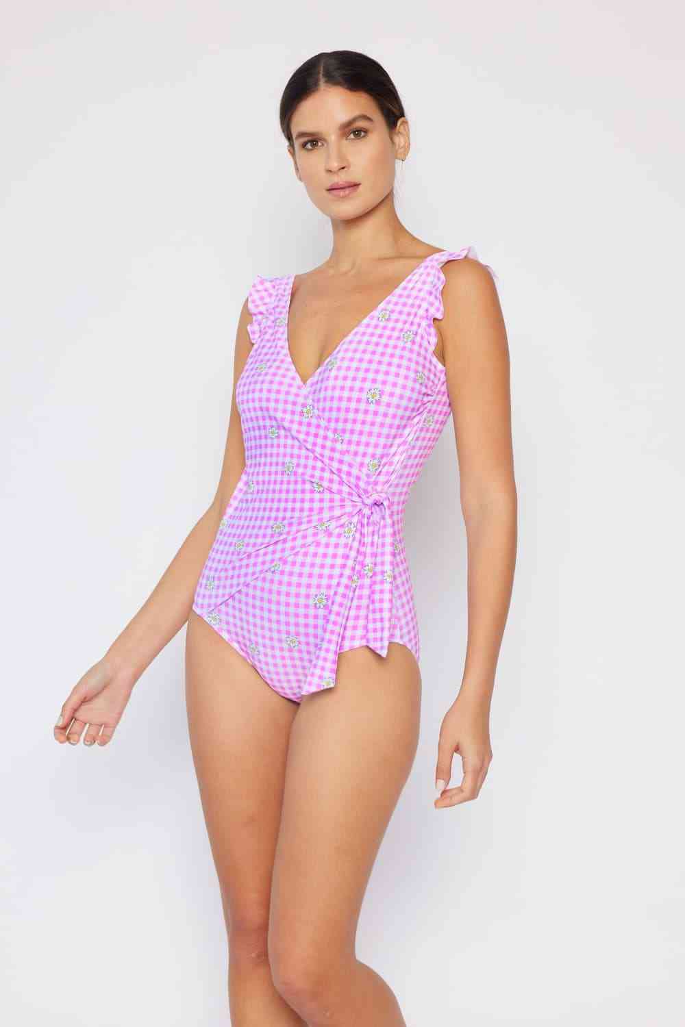 Ruffle Faux Wrap One-Piece in Carnation Pink