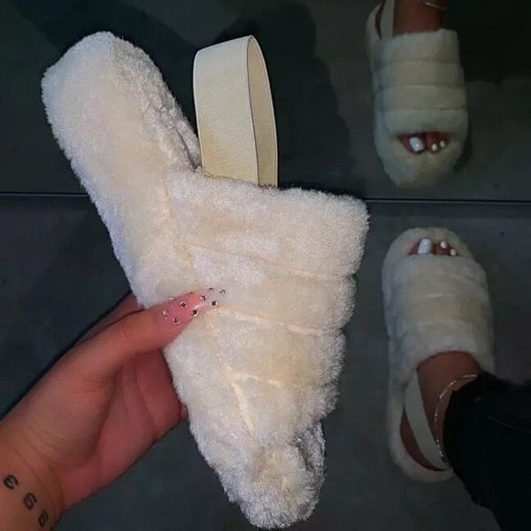 Cute Plush Fluffy Faux Fur Elastic Strap Cotton Slippers