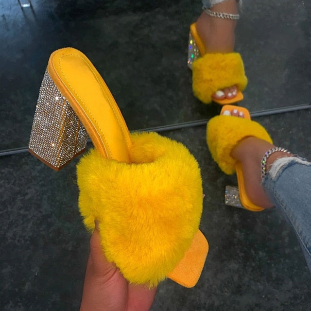 Open Toe Fluffy Fur Chunky Rhinestone High Heel Slippers