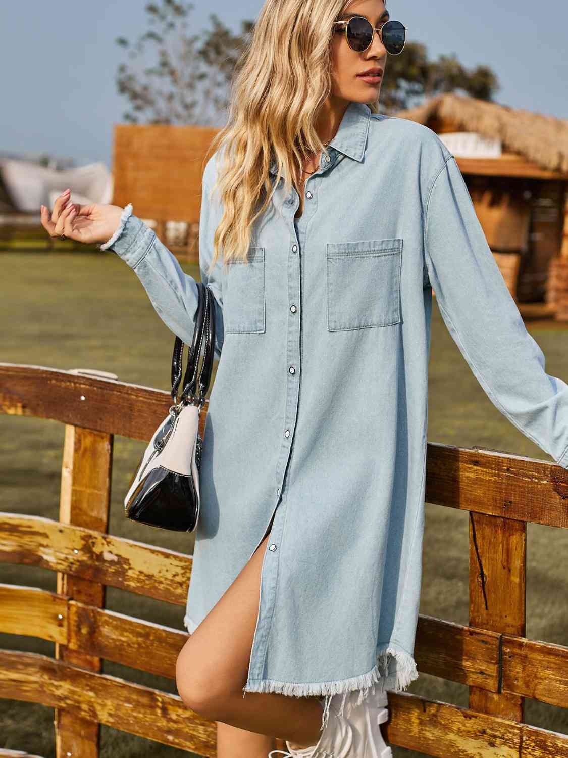 Collared Neck Raw Hem Denim Dress