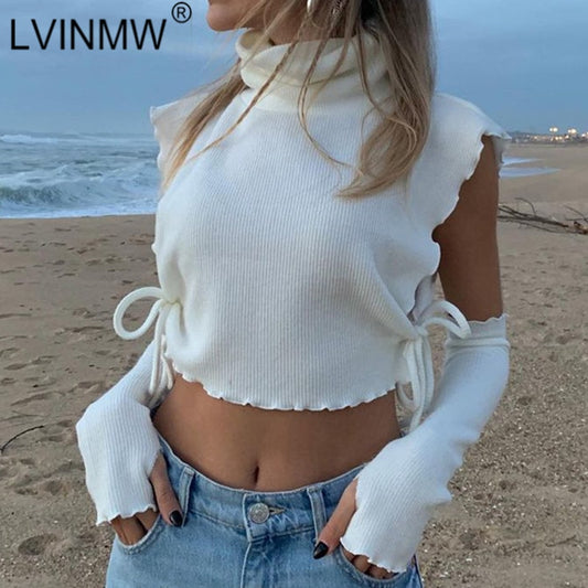 Turtleneck Rib Lace Up With Long Gloves Knitted T Shirt