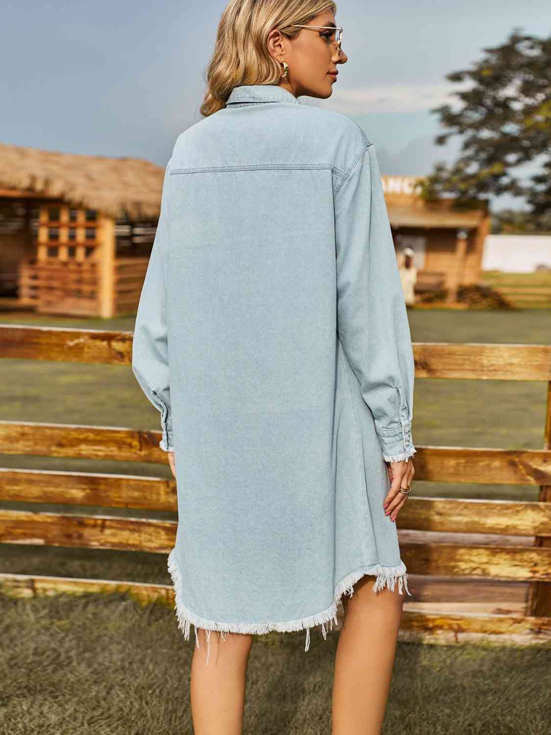 Collared Neck Raw Hem Denim Dress