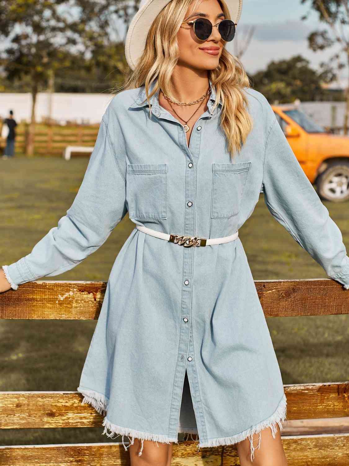 Collared Neck Raw Hem Denim Dress