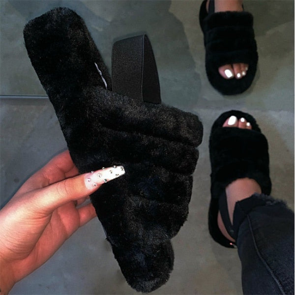 Cute Plush Fluffy Faux Fur Elastic Strap Cotton Slippers