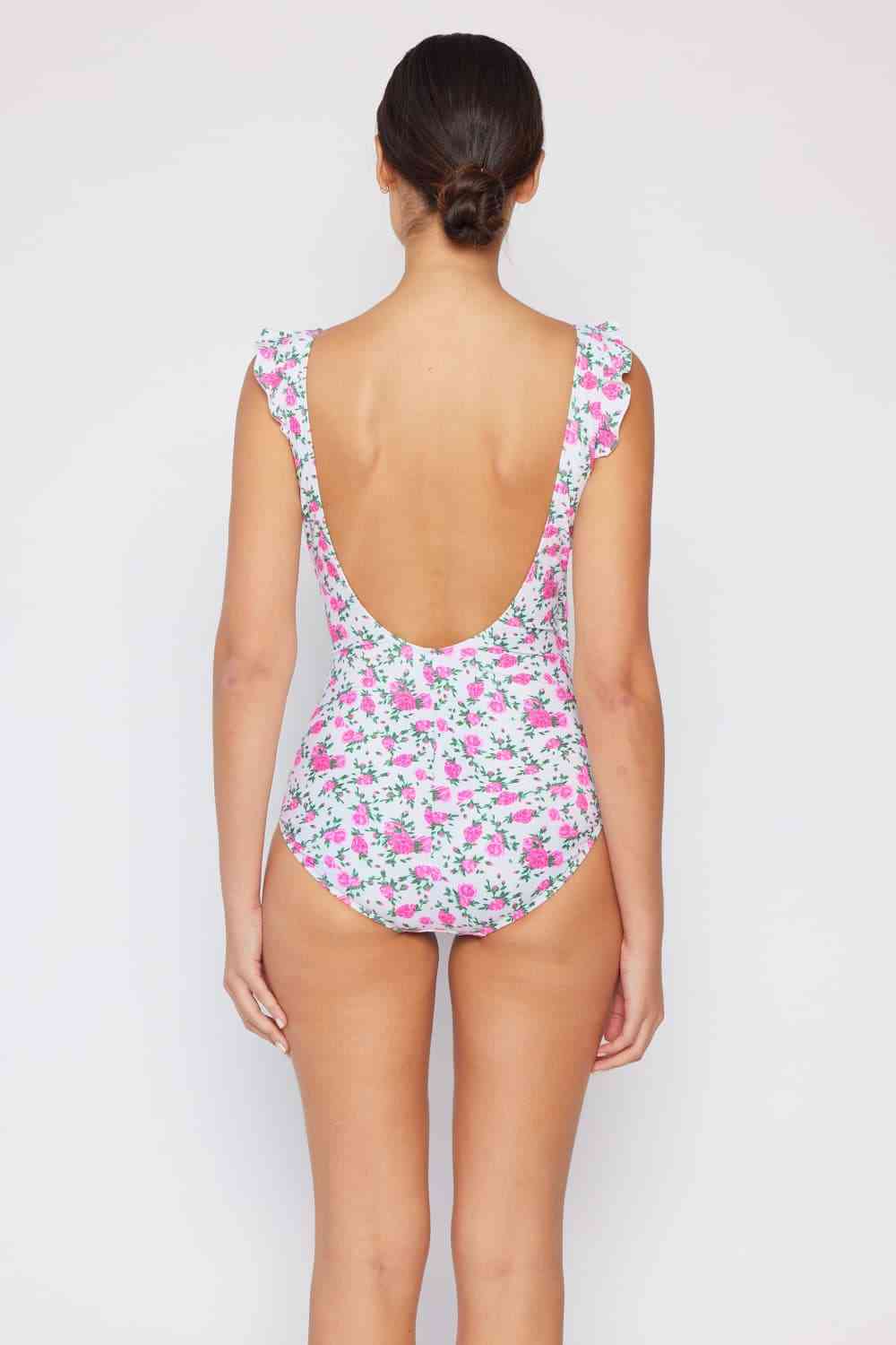 Ruffle Faux Wrap One-Piece in Roses Off-White