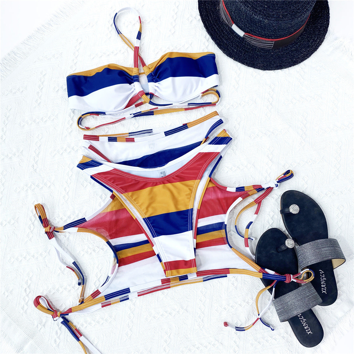 Striped String 3 Piece Swimsuit