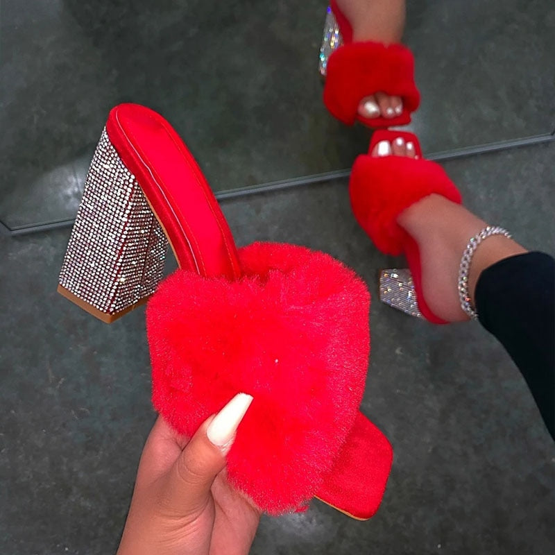 Open Toe Fluffy Fur Chunky Rhinestone High Heel Slippers