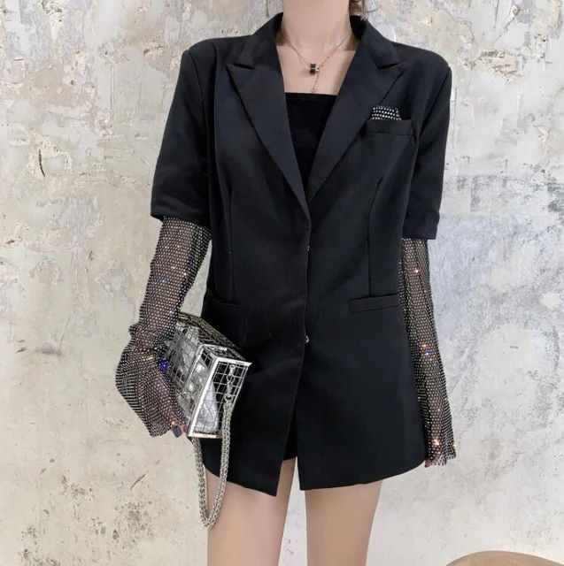 Solid Long Sleeve Diamond Patchwork Blazer Coat